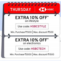 Tata Cliq coupon code for Thursday - Use your HSBC Bank credit card for shopping with coupon code and get 10% discount* on Lifestyle and Electronics categories